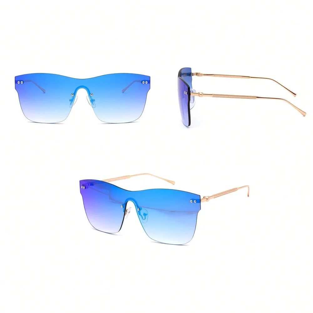 Mens Rimless Shield Sunglasses Blue Gradient Gold Metal Frame Oversized Square